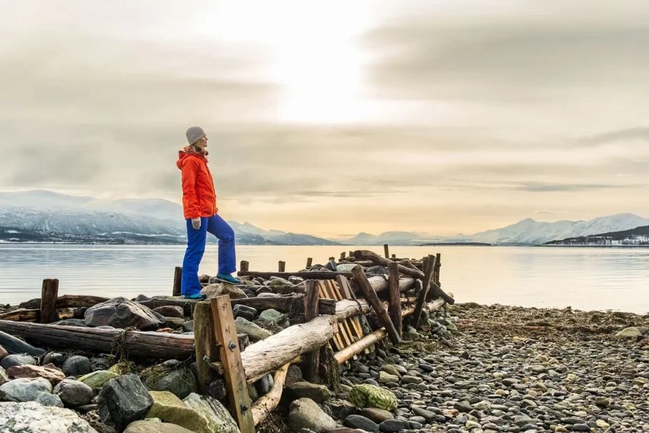 A person in a red jacket and blue pants stands on a rustic wooden pier by a rocky shore, looking out over a calm lake with snow-covered mountains in the distance under a cloudy sky.