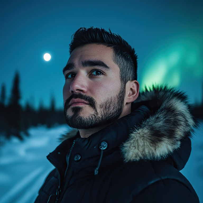 A man in a winter coat with a fur hood stands outside at night in a snowy landscape, with the moon and green northern lights visible in the sky behind him. Pine trees are in the background.