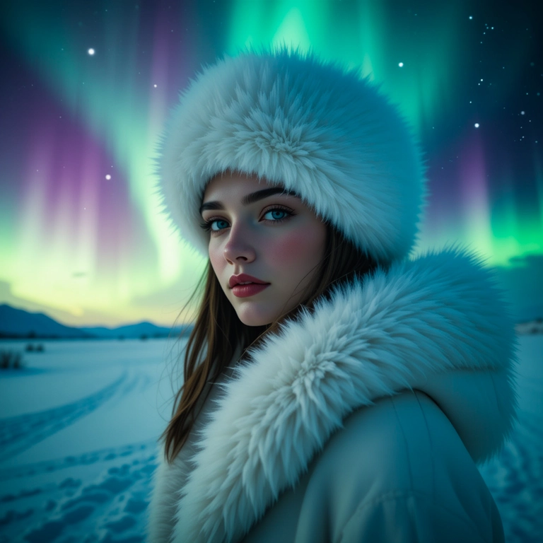 A woman in a white fur hat and coat stands in a snowy landscape at night, with vibrant green and purple northern lights glowing in the starry sky behind her.